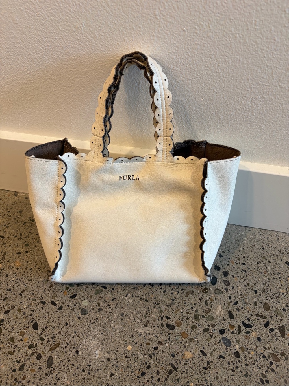 Furla White Leather Scalloped-Edge Tote